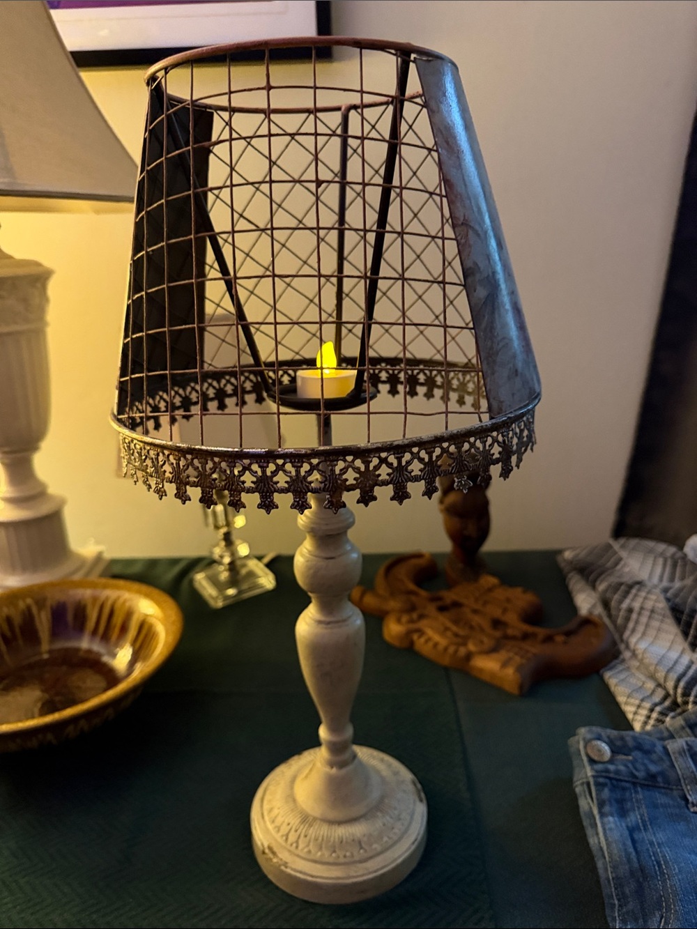 Rustic Brown Wire Mesh Lantern Table Lamp - Unbranded